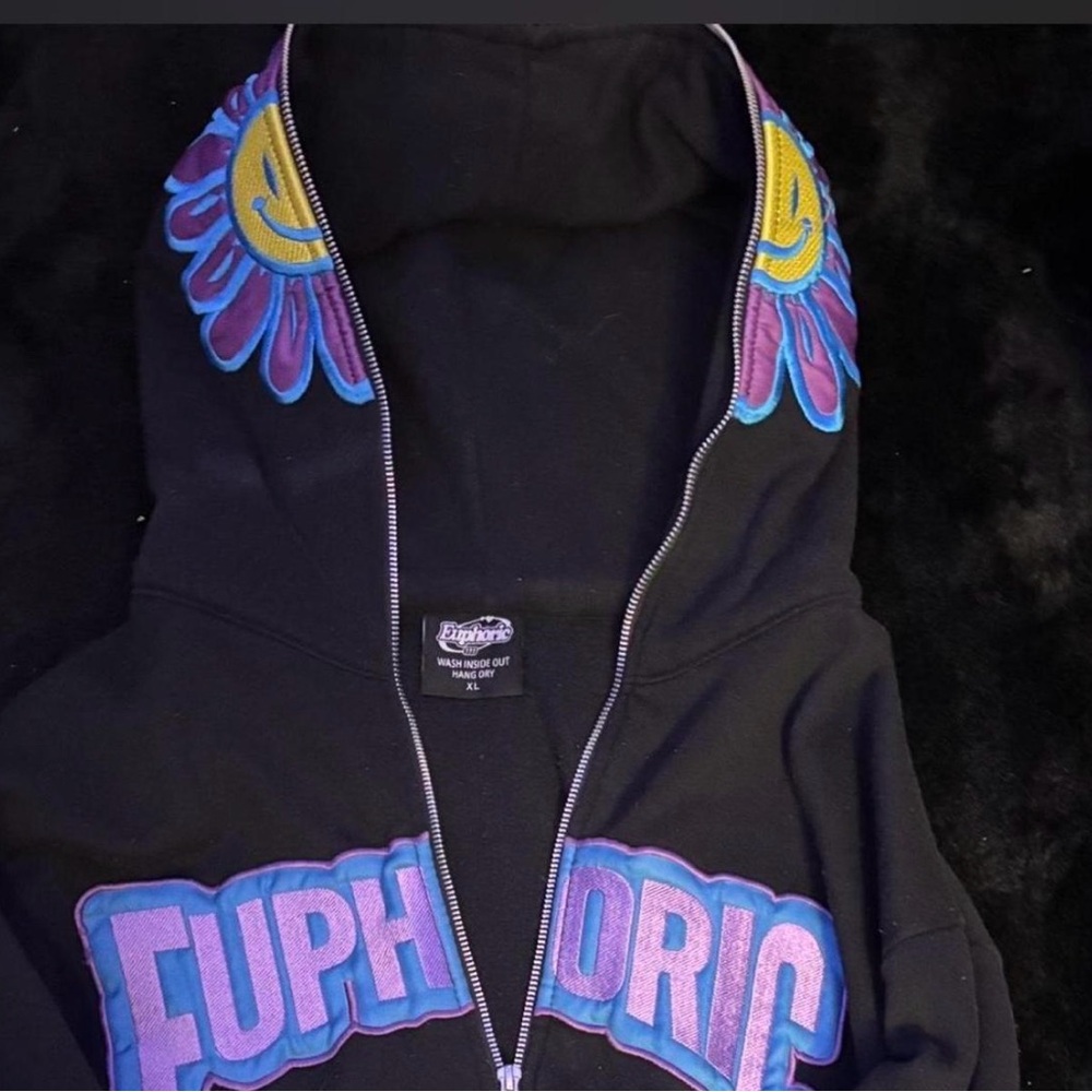 Black Zip-Up Hoodie with Colorful Daisy Embroidery